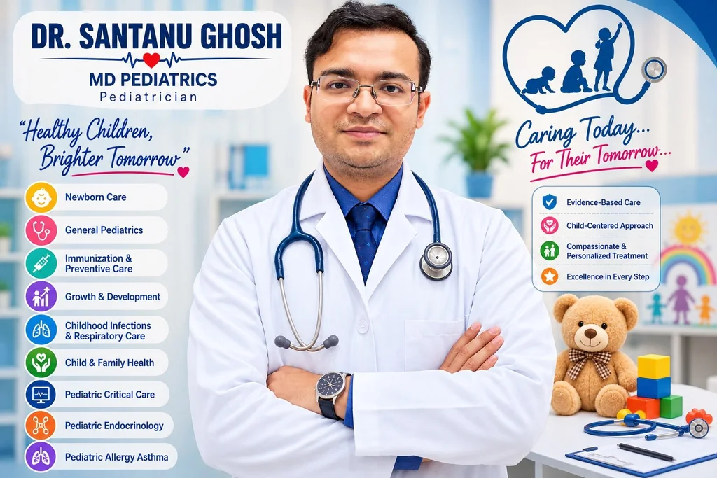 Practice overview for Dr Santanu Ghosh, MD Pediatrics, showing his child-health focus areas and care approach